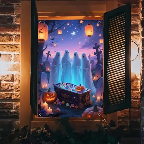 BlissYard Halloween-Fensterabdeckung, Dekoration, Stoff, vier Geister mit Süßigkeiten, Sarg, Banner, Dekoration, gruselige Friedhofsszene, Silhouette, Vorhang, Poster für Halloween-Party, drinnen und von BlissYard