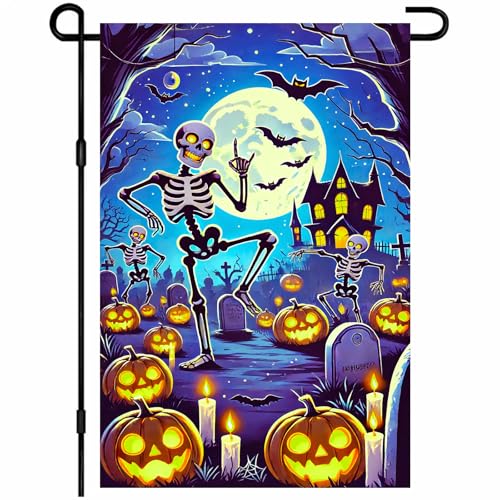 BlissYard Halloween-Gartenflagge, 30,5 x 45,7 cm, tanzende Skelett-Flagge, doppelseitig, gruselig, Friedhofs-Banner, Outdoor-Dekoration für Veranda, Rasen, Terrasse, Kürbis, Geist, Fledermaus-Szene BlissYard Halloween-Gartenflagge, 30,5 x 45,7 cm, tanzende Skelett-Flagge, doppelseitig, gruselig, Friedhofs-Banner, Outdoor-Dekoration für Veranda, Rasen, Terrasse, Kürbis, Geist, Fledermaus-Szene von BlissYard