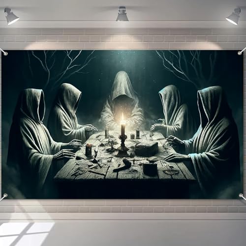 BlissYard Halloween-Geister-Banner, 180 x 109 cm, gruselige Geister, Tisch mit Kerze, Geistern und okkulten Symbolen für Spukhaus, Horror-Party-Dekorationen, Happy Halloween-Banner von BlissYard