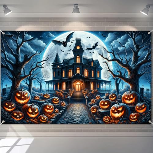 BlissYard Halloween-Spukhaus-Banner 180 x 109 cm mit leuchtenden Kürbissen, Fledermäusen, gruseligen Bäumen und Vollmond für Halloween-Party, Spukhaus-Dekorationen und gruselige Nachtdekoration von BlissYard
