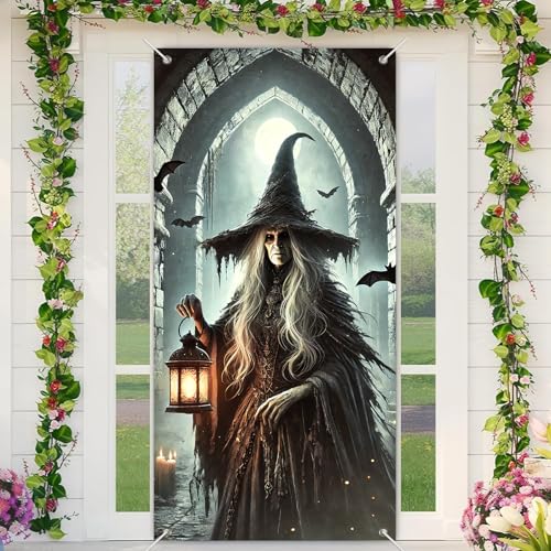 BlissYard Halloween-Türabdeckung, 180 x 89 cm, gruselige Veranda-Tür-Banner, Dekoration, Hexe mit Laterne, Gothic-Schloss, Fledermäuse, Mondlicht, hängendes Banner für drinnen und draußen BlissYard Halloween-Türabdeckung, 180 x 89 cm, gruselige Veranda-Tür-Banner, Dekoration, Hexe mit Laterne, Gothic-Schloss, Fledermäuse, Mondlicht, hängendes Banner für drinnen und draußen von BlissYard