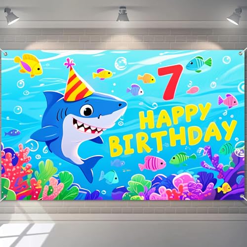 BlissYard Happy 7th Birthday Banner Ocean World Adventure Decrations Under The Sea Hintergrund 180,3 x 109,2 cm Fotografie Hintergrund mit Partyhut Hai Bunte Fische für Jungen Mädchen Siebtes Jahr von BlissYard