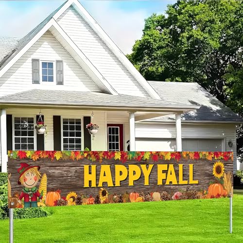 BlissYard Happy Fall Dekorationen Banner Herbst Vogelscheuche Kürbisse Sonnenblumen Blätter für drinnen und draußen Veranda Schild Gartenzaun Banner Partyzubehör 295,7 x 50,8 cm Polyestergewebe Schild von BlissYard