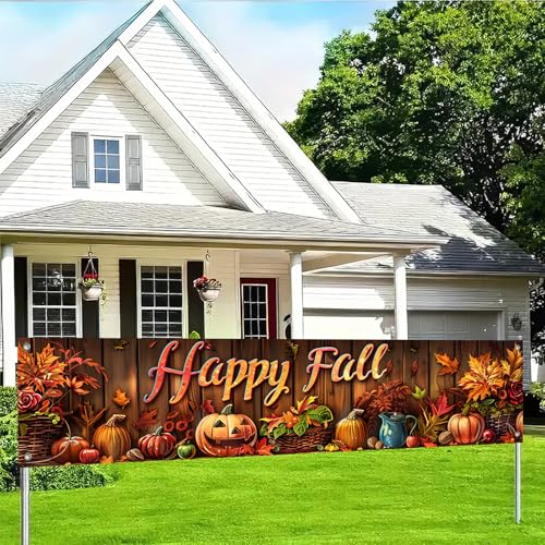 BlissYard Happy Fall Dekorationen Banner Herbsternte Kürbisse Blätter Design für drinnen und draußen, Gartenzaun-Banner, Partyzubehör, 295,7 x 50,8 cm, Polyestergewebe für Mädchen oder Jungen von BlissYard