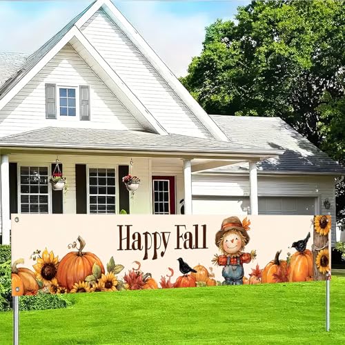 BlissYard Happy Fall Dekorationen Banner Polyester Stoff Vogelscheuche Kürbisse Sonnenblumen 205,7 x 50,8 cm Krähen Design für drinnen und draußen Garten Zaun Banner Dutdoor Veranda Schild von BlissYard