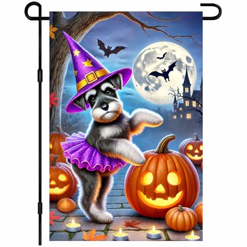 BlissYard Happy Halloween Gartenflagge Schnauzer Hexenhut Tutu Kürbisse Vollmond Spukhaus Fledermäuse Flagge 30,5 x 45,7 cm doppelseitiges Outdoor-Banner für Vorgarten, Veranda, Rasen, Terrasse von BlissYard