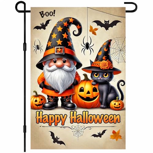 BlissYard Happy Halloween Zwerg und Katze, Gartenflagge, 30,5 x 45,7 cm, doppelseitig, gruseliges Hofbanner mit Hexenzwerg, Katze, Kürbissen und Fledermäusen für Veranda, Rasen, Terrasse BlissYard Happy Halloween Zwerg und Katze, Gartenflagge, 30,5 x 45,7 cm, doppelseitig, gruseliges Hofbanner mit Hexenzwerg, Katze, Kürbissen und Fledermäusen für Veranda, Rasen, Terrasse von BlissYard