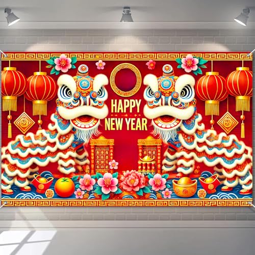 BlissYard Happy New Year Banner Chinesischer Löwentanz Poster Dekoration 180 x 109 cm Chinesisches Neujahrsfest Party Dekor Traditionelles chinesisches Design für Feiertage von BlissYard