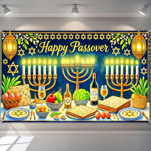 BlissYard Happy Passover Banner 180 x 109 cm Seder Tisch Wand Hintergrund jüdische Festival Dekoration mit Matzah Symbolen für Indoor Home Party Esszimmer Pesach Feier Dekor von BlissYard