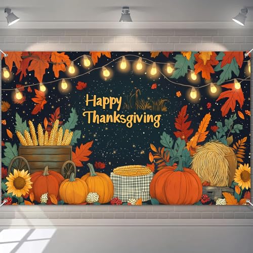 BlissYard Happy Thanksgiving Banner zum Aufhängen, "Happy Thanksgiving", Text, Kürbisse, Mais, Lichterkette, Szenendekoration, 180 x 109 cm, für Zuhause, Partyzubehör, Fotohintergrund BlissYard Happy Thanksgiving Banner zum Aufhängen, "Happy Thanksgiving", Text, Kürbisse, Mais, Lichterkette, Szenendekoration, 180 x 109 cm, für Zuhause, Partyzubehör, Fotohintergrund von BlissYard