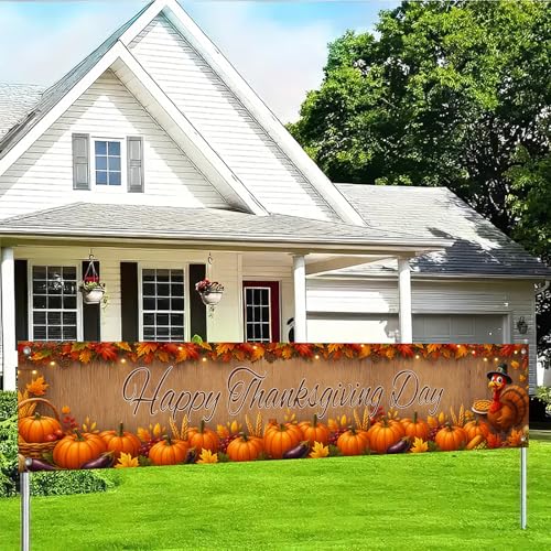BlissYard Happy Thanksgiving Day Dekorationen Banner Outdoor Garten Zaun Banner Party Outdoor Veranda Schild 205,7 x 50,8 cm Polyestergewebe Truthähne, Kürbisse Weizenblätter Design für Innenbedarf von BlissYard