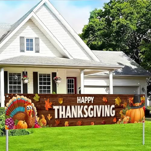 BlissYard Happy Thanksgiving Dekorationen Banner 295,7 x 50,8 cm Polyestergewebe Truthähne Kürbisse Blätter Design für drinnen und draußen Garten Zaun Banner Party Outdoor Veranda Schild Zubehör von BlissYard