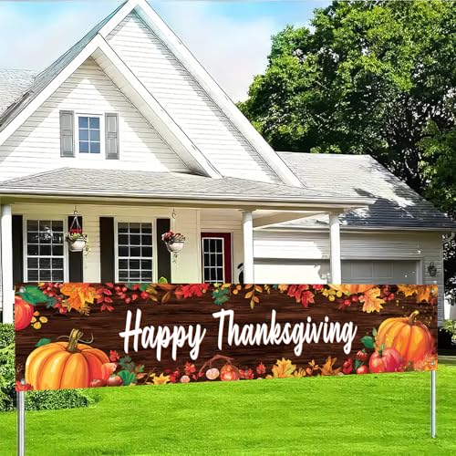 BlissYard Happy Thanksgiving Dekorationen Banner Outdoor Veranda Schild Herbst Ernte Blätter Kürbisse Design für Indoor Outdoor Garten Zaun Banner Party Supplies 205,7 x 50,8 cm Polyestergewebe von BlissYard