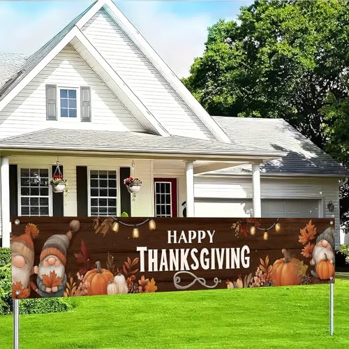 BlissYard Happy Thanksgiving Dekorationen Banner Polyester Stoff Herbst Zwerge Kürbisse Lichter Design 118 x 20 Zoll für Indoor Outdoor Garten Zaun Banner Partyzubehör Banner von BlissYard