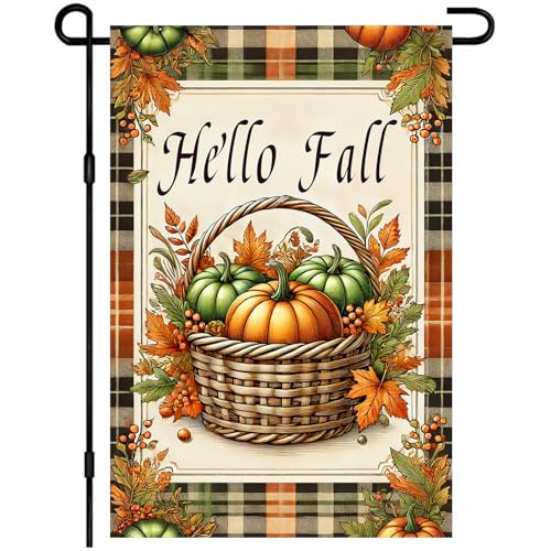 BlissYard Hello Fall Herbst Gartenflagge Kürbiskorb karierte Bordüre Ernte Outdoor Hofflagge 30,5 x 45,7 cm doppelseitiges Banner für Vorgarten, Veranda, Rasen, Terrasse, saisonale Heimdekoration von BlissYard