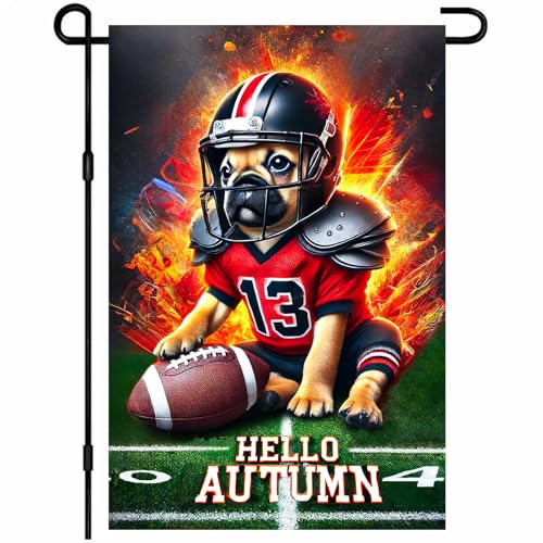 BlissYard Herbst-Gartenflagge, 30,5 x 45,7 cm, Hallo Herbst, Fußball-Flagge, doppelseitig, saisonales Outdoor-Banner mit französischer Bulldogge im Helm und Flammen für Veranda, Rasen, Terrasse von BlissYard