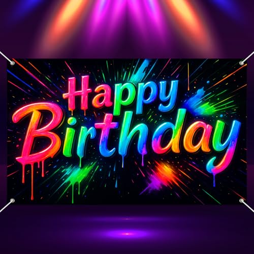 BlissYard Neon-Banner "Happy Birthday", 180 x 109 cm, leuchtet im Dunkeln, Party-Hintergrund, bunte Farbspritzer, Graffiti, leuchtende Geburtstagsparty-Zubehör, Fotohintergrund, Dekoration, Banner BlissYard Neon-Banner "Happy Birthday", 180 x 109 cm, leuchtet im Dunkeln, Party-Hintergrund, bunte Farbspritzer, Graffiti, leuchtende Geburtstagsparty-Zubehör, Fotohintergrund, Dekoration, Banner von BlissYard