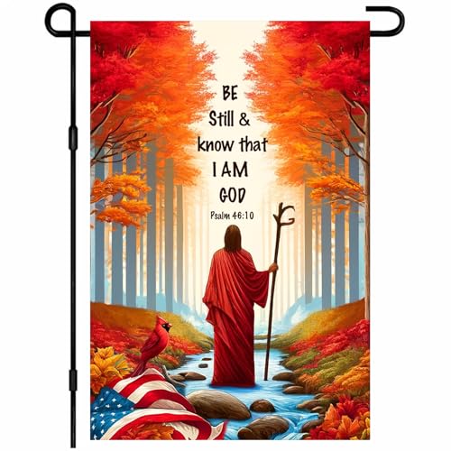 BlissYard Religiöse Gartenflagge im Herbst, 30,5 x 45,7 cm, Aufschrift "Welcome Be Still and Know", doppelseitig, Herbsthofbanner mit Psalm 46:10 Waldszene und patriotischer Kardinal für Veranda BlissYard Religiöse Gartenflagge im Herbst, 30,5 x 45,7 cm, Aufschrift "Welcome Be Still and Know", doppelseitig, Herbsthofbanner mit Psalm 46:10 Waldszene und patriotischer Kardinal für Veranda von BlissYard