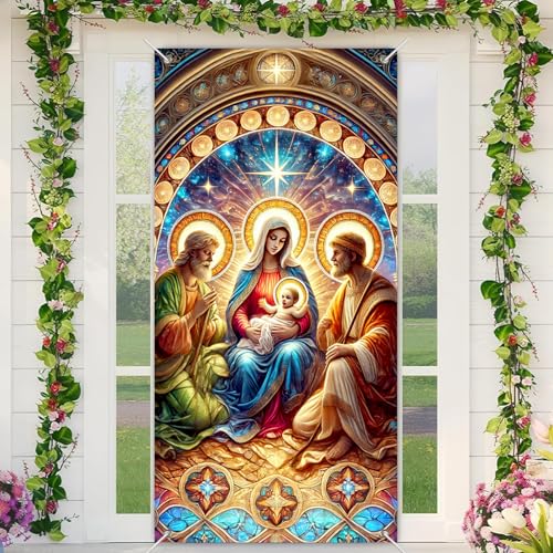 BlissYard Religiöse Weihnachtskrippe, Leinwand, göttliche Heimdekoration, 89,9 x 180,9 cm, Kirche, Gebetsraum, spiritueller Wandbehang, Türbanner für Weihnachten, religiöse Feiern von BlissYard