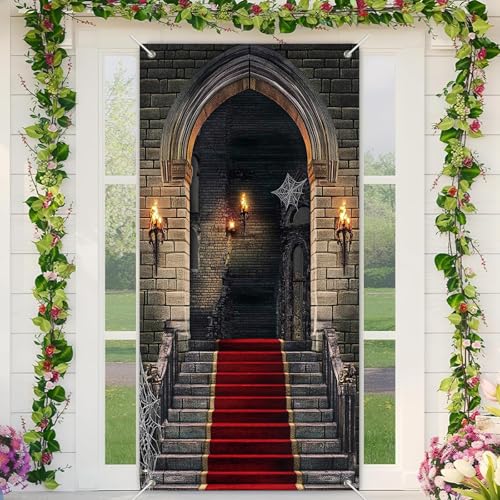 BlissYard Spukschloss-Türbanner mit rotem Teppich, Flammen, Spinnennetze und gewölbtem Eingang, für Halloween, Veranda oder Innenwanddekoration, 89,9 x 180,9 cm, Gothic-Stein, Flur mit roten BlissYard Spukschloss-Türbanner mit rotem Teppich, Flammen, Spinnennetze und gewölbtem Eingang, für Halloween, Veranda oder Innenwanddekoration, 89,9 x 180,9 cm, Gothic-Stein, Flur mit roten von BlissYard