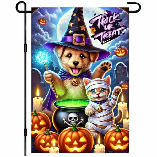 BlissYard Süßes oder Saures Happy Halloween Gartenflagge Welpe Kätzchen Flagge Hexenhut Mama Kostüm 30,5 x 45,7 cm doppelseitiges Outdoor-Banner für Vorgarten, Veranda, Rasen, Terrasse, saisonale von BlissYard