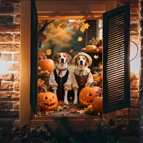 BlissYard Thanksgiving-Fensterabdeckung, Dekoration, niedliche Hunde in kolonialen Outfits mit Jack-o-Laternen, Banner, Dekoration, Herbst-Szene, Poster für Herbst, Erntedankfest, Party, Innen- und von BlissYard