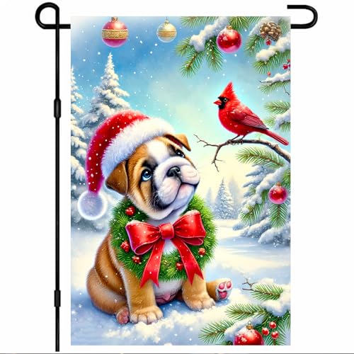 BlissYard Weihnachts-Bulldogge und Kardinal-Gartenflagge, 30,5 x 45,7 cm, Willkommensflagge, doppelseitig, für Urlaub, Outdoor, Banner mit Welpenkranz und rotem Vogel im Schnee, für Veranda, Rasen von BlissYard