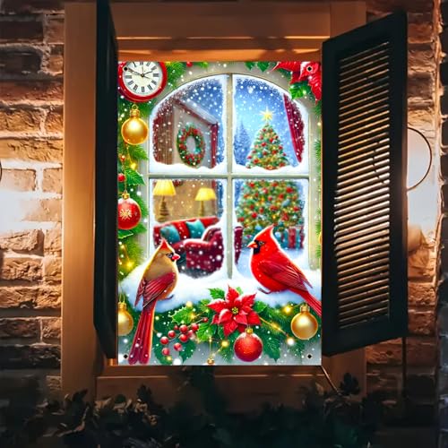 BlissYard Weihnachts-Fensterabdeckung, 78,9 x 129,9 cm, schneebedeckte Fensterszene, Kardinal, Weihnachtsstern, Uhr, Kranz, für drinnen und draußen, saisonaler Hintergrund, Familienzimmer BlissYard Weihnachts-Fensterabdeckung, 78,9 x 129,9 cm, schneebedeckte Fensterszene, Kardinal, Weihnachtsstern, Uhr, Kranz, für drinnen und draußen, saisonaler Hintergrund, Familienzimmer von BlissYard