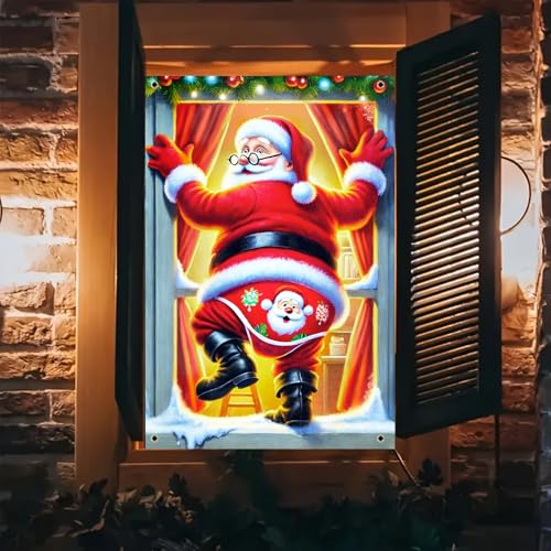 BlissYard Weihnachts-Fensterabdeckung, 78 x 129 cm, Weihnachtsmann, rote Vorhänge, grüne Kiefergirlande, bunte Ornamente, Schneeflocken, Urlaub, Fensterbanner, Innen- und Außenbereich von BlissYard