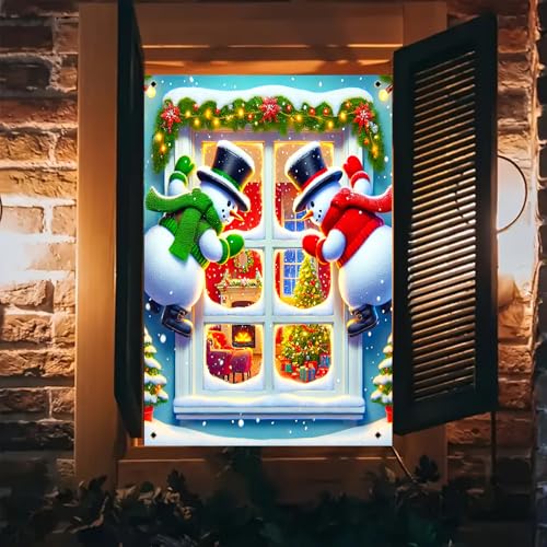BlissYard Weihnachts-Fensterabdeckung, Polyester-Banner, 78,9 x 129,9 cm, Urlaubs-Hintergrunddekoration mit zwei Schneemännern mit Hüten und Schals, festliche Kranz-Lichterkette, gemütlicher Kamin von BlissYard