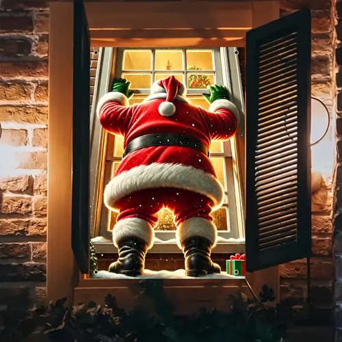 BlissYard Weihnachts-Fensterabdeckung, Weihnachtsmann auf Schweller, Winterhintergrund, 78,9 x 129,9 cm, Weihnachtsbanner mit schneebedeckter Ziegelmauer, Tannengirlande, Milchglas-Lichterkette von BlissYard