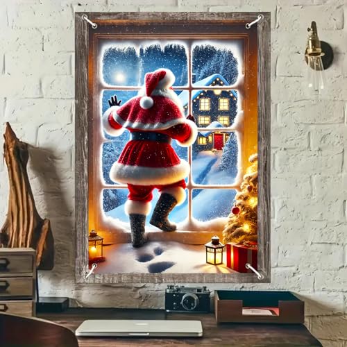 BlissYard Weihnachts-Fensterbanner mit niedlichem Schneemann, 78,9 x 129,9 cm, Weihnachts-Fensterdekoration, schneebedeckter Baum, Lichter, Innenwand, Hintergrund, roter Vorhang-Szenen-Display von BlissYard