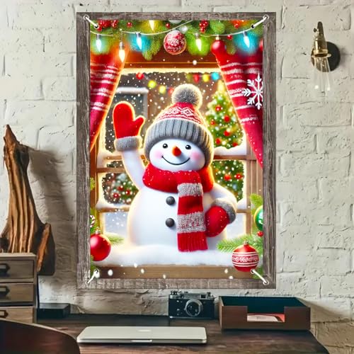BlissYard Weihnachts-Fensterbanner mit niedlichem Schneemann, 78,9 x 129,9 cm, Weihnachts-Fensterdekoration, schneebedeckter Baum, Lichter, Innenwand, Hintergrund, roter Vorhang-Szenen-Display von BlissYard
