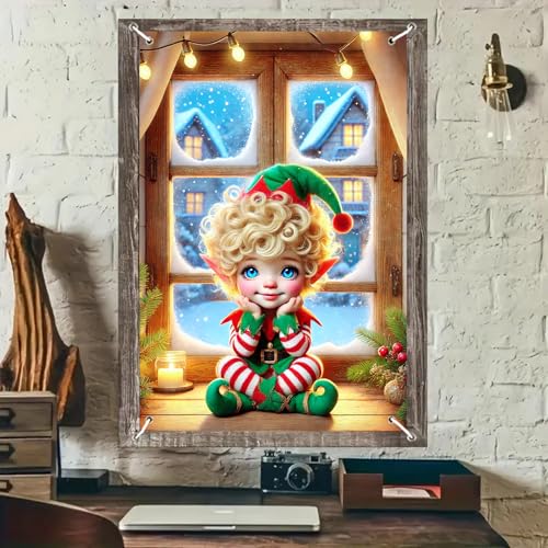 BlissYard Weihnachts-Fensterdekoration, 81,3 x 129,9 cm, niedlicher goldhaariger Elfenjunge, schneebedecktes Fenster, gemütliches Dorf, skurrile Fenster-Silhouette für drinnen und draußen BlissYard Weihnachts-Fensterdekoration, 81,3 x 129,9 cm, niedlicher goldhaariger Elfenjunge, schneebedecktes Fenster, gemütliches Dorf, skurrile Fenster-Silhouette für drinnen und draußen von BlissYard