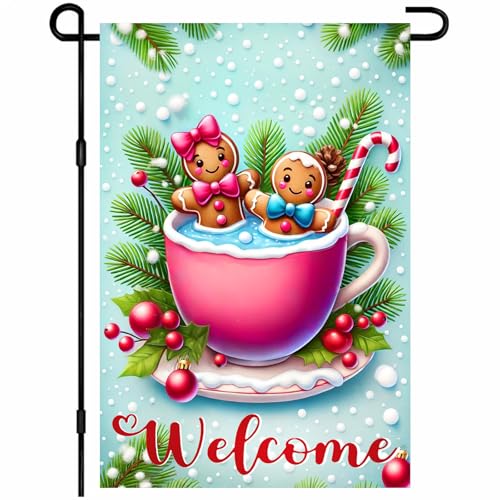 BlissYard Weihnachts-Gartenflagge, 30,5 x 45,7 cm, Lebkuchenpaar in Kakaotasse, doppelseitig, für Urlaub, Hof, Banner, Winter, Schnee, Outdoor, Weihnachtsdekoration für Veranda, Rasen, Terrasse von BlissYard