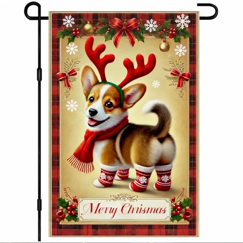 BlissYard Weihnachts-Gartenflagge, 30,5 x 45,7 cm, Motiv: Merry Christmas, Corgi, Hofflagge, doppelseitig, für den Urlaub, Outdoor, Banner mit Rentiergeweih und karierter Bordüre für Winter, Veranda von BlissYard