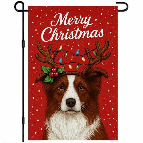 BlissYard Weihnachts-Gartenflagge, 30,5 x 45,7 cm, Willkommens-Bordüre Collie, Hund, Outdoor-Flagge, doppelseitig, Urlaub, Welpen, Hof, Banner mit Rentiergeweih und Lichterketten für Veranda, Rasen von BlissYard