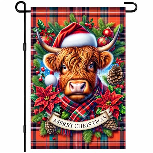 BlissYard Weihnachts-Gartenflagge, 30,5 x 45,7 cm, Willkommens-Winter-Hochlandkuh mit Weihnachtsmannmütze, Hofflagge, doppelseitiges Urlaubsbanner mit Schottenkaro, Weihnachtsstern und Tannenzapfen BlissYard Weihnachts-Gartenflagge, 30,5 x 45,7 cm, Willkommens-Winter-Hochlandkuh mit Weihnachtsmannmütze, Hofflagge, doppelseitiges Urlaubsbanner mit Schottenkaro, Weihnachtsstern und Tannenzapfen von BlissYard