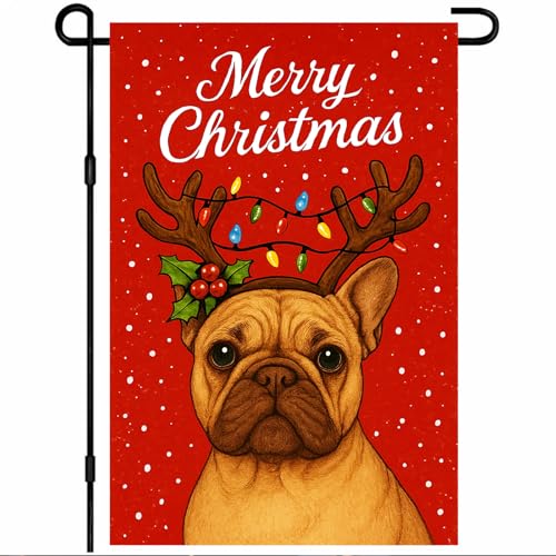BlissYard Weihnachts-Gartenflagge, 30,5 x 45,7 cm, Willkommensflagge Französische Bulldogge, doppelseitig, Feiertags-Hofbanner mit Geweih, Stechpalme und Lichterkette für Veranda, Rasen, Terrasse BlissYard Weihnachts-Gartenflagge, 30,5 x 45,7 cm, Willkommensflagge Französische Bulldogge, doppelseitig, Feiertags-Hofbanner mit Geweih, Stechpalme und Lichterkette für Veranda, Rasen, Terrasse von BlissYard