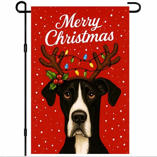 BlissYard Weihnachts-Gartenflagge, 30,5 x 45,7 cm, Willkommensflagge der Deutschen Dogge, doppelseitig, Urlaub, Welpen, Hofbanner mit Rentiergeweih und Glühbirnen auf rotem schneebedecktem Hintergrund BlissYard Weihnachts-Gartenflagge, 30,5 x 45,7 cm, Willkommensflagge der Deutschen Dogge, doppelseitig, Urlaub, Welpen, Hofbanner mit Rentiergeweih und Glühbirnen auf rotem schneebedecktem Hintergrund von BlissYard