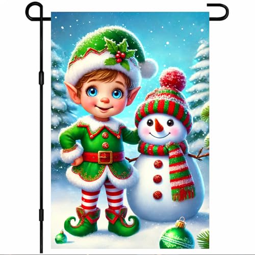 BlissYard Weihnachts-Gartenflagge, Elfe und Schneemann in festlichen Outfits, verschneiter Wald, 30,5 x 45,7 cm, doppelseitig, festlich, für drinnen und draußen, hängende Weihnachtsflagge BlissYard Weihnachts-Gartenflagge, Elfe und Schneemann in festlichen Outfits, verschneiter Wald, 30,5 x 45,7 cm, doppelseitig, festlich, für drinnen und draußen, hängende Weihnachtsflagge von BlissYard