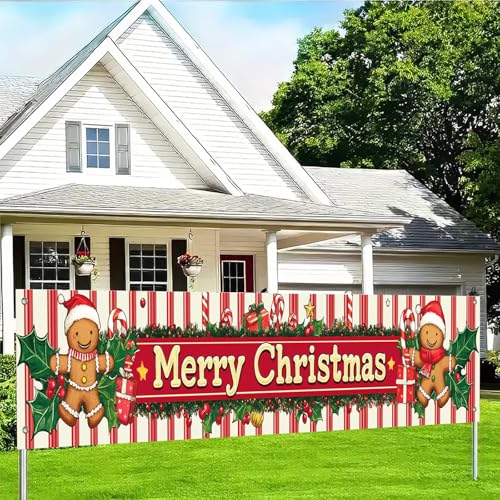 BlissYard Weihnachtsbanner 200 x 45 cm Lebkuchenmann-Schild rot grün gestreift Urlaub Wanddekoration Zuckerstange Outdoor Indoor Hintergrund für Winter Veranda Hof Zaun Kamin Party Dekoration von BlissYard