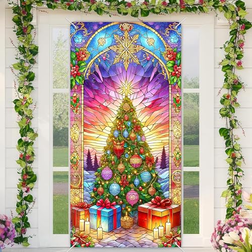 BlissYard Weihnachtstürabdeckung, Buntglas-Baum, 89,9 x 180,9 cm, festlicher Torbogen, Urlaub, Party, Fotokabine, Hintergrund, Haustür-Banner, Polyestergewebe, saisonale Dekoration für Mädchen oder BlissYard Weihnachtstürabdeckung, Buntglas-Baum, 89,9 x 180,9 cm, festlicher Torbogen, Urlaub, Party, Fotokabine, Hintergrund, Haustür-Banner, Polyestergewebe, saisonale Dekoration für Mädchen oder von BlissYard
