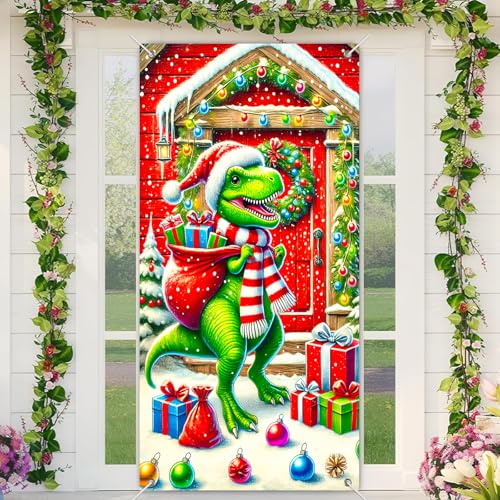 BlissYard Weihnachtstürabdeckung, Dinosaurier-Feiertagsdekoration, festliche Winter-Haustür, zum Aufhängen für Kinderzimmer, Innen- und Außenbereich, skurrile Dino-Szene mit Geschenken und Geschenken BlissYard Weihnachtstürabdeckung, Dinosaurier-Feiertagsdekoration, festliche Winter-Haustür, zum Aufhängen für Kinderzimmer, Innen- und Außenbereich, skurrile Dino-Szene mit Geschenken und Geschenken von BlissYard