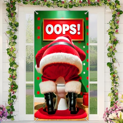 BlissYard Weihnachtstürabdeckung "OOPS!" Humorvolles Weihnachtsmann-Türbanner Frohe Weihnachten Dekor Hintergrund 89,9 x 180,9 cm festlich lustig Badezimmer Szene Urlaub Veranda Dekor Winter von BlissYard