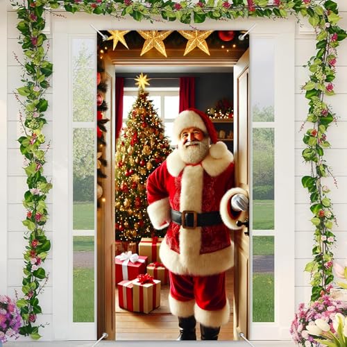 BlissYard Weihnachtstürabdeckung Weihnachtsmann mit Geschenken und Baum Haustür Dekoration für Winterurlaub Party Indoor Outdoor Wand Banner 35 x 71 Zoll Polyester Stoff Eingang Vorhang von BlissYard