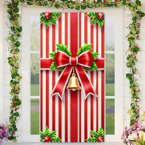 BlissYard Weihnachtstürbanner 89,9 x 180,9 cm, Feiertags-Haustür-Dekoration mit rot-weißen Streifen, Geschenkpapier, Druck, goldene Glockenschleife und Stechpalme, für drinnen und draußen, Winterwand BlissYard Weihnachtstürbanner 89,9 x 180,9 cm, Feiertags-Haustür-Dekoration mit rot-weißen Streifen, Geschenkpapier, Druck, goldene Glockenschleife und Stechpalme, für drinnen und draußen, Winterwand von BlissYard