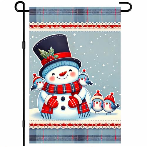 BlissYard Willkommens-Winter-Gartenflagge, 30,5 x 45,7 cm, Schneemann mit Vögeln, karierte Bordüre, Hofflagge, doppelseitig, für den Außenbereich, Urlaub, saisonales Banner für Veranda, Rasen von BlissYard