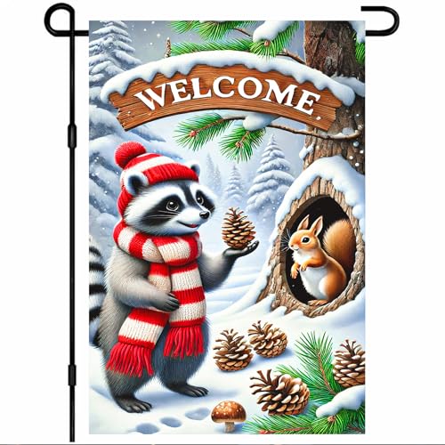 BlissYard Willkommens-Winter-Gartenflagge, Waschbär, Eichhörnchen, Flagge, schneebedeckter Wald, Tannenzapfen, festliche Dekoration für den Außenbereich, 30,5 x 45,7 cm, doppelseitiges Banner für BlissYard Willkommens-Winter-Gartenflagge, Waschbär, Eichhörnchen, Flagge, schneebedeckter Wald, Tannenzapfen, festliche Dekoration für den Außenbereich, 30,5 x 45,7 cm, doppelseitiges Banner für von BlissYard
