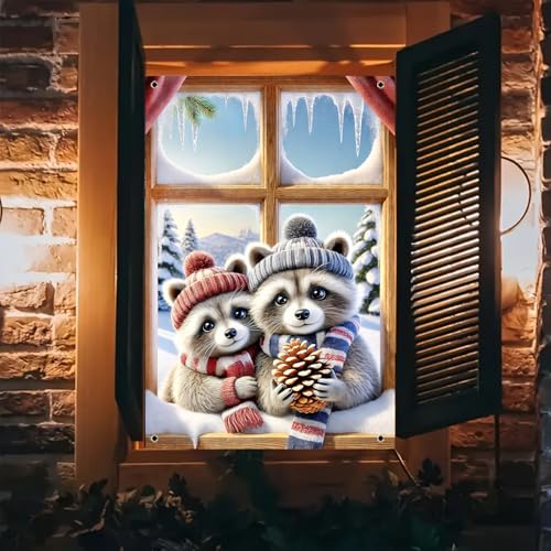 BlissYard Winter-Fensterabdeckung, niedlicher Waschbär-Strickmütze, Tannenzapfen, Schneeszene, Bergkieferbäume, 78,9 x 129,9 cm, Polyester, Fensterdekoration, Winterurlaub, Dekoration, saisonaler BlissYard Winter-Fensterabdeckung, niedlicher Waschbär-Strickmütze, Tannenzapfen, Schneeszene, Bergkieferbäume, 78,9 x 129,9 cm, Polyester, Fensterdekoration, Winterurlaub, Dekoration, saisonaler von BlissYard